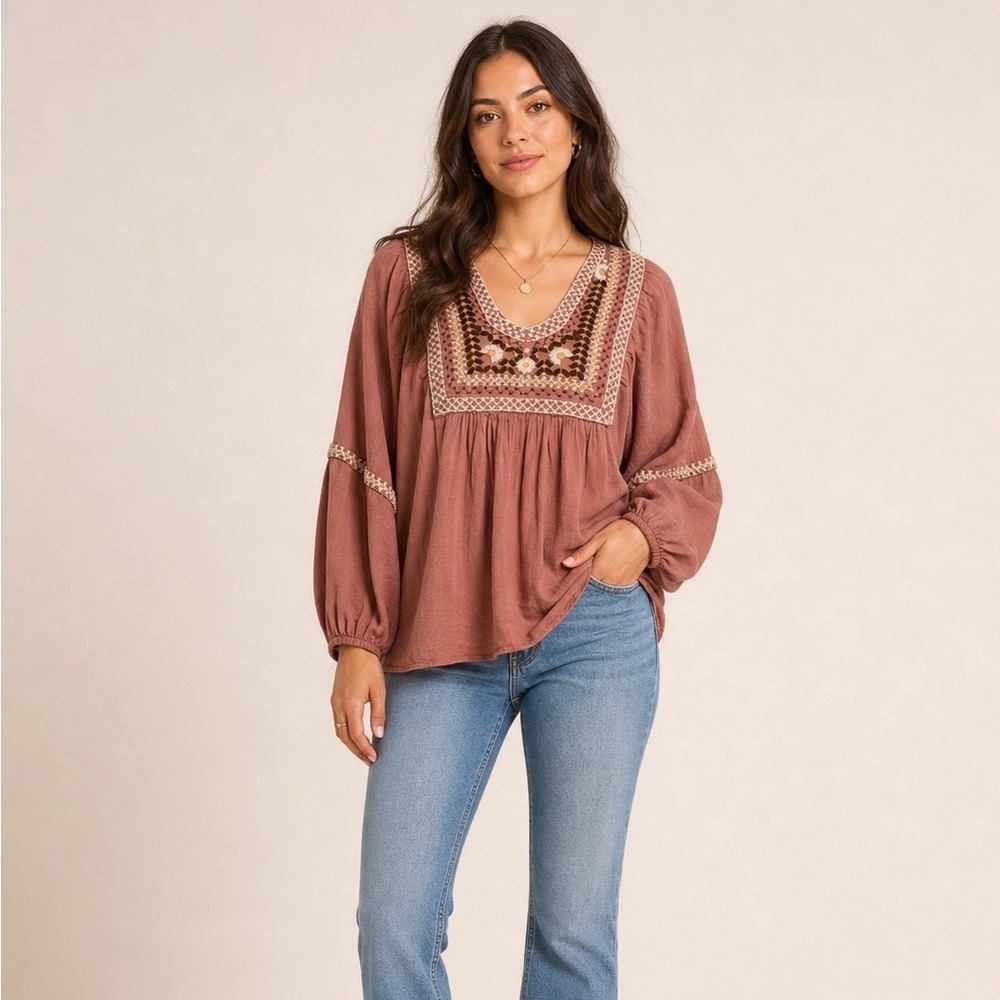 Max Studio Women Rose Pink Peasant Top Large Embroidered Boho Gauze Cotton
